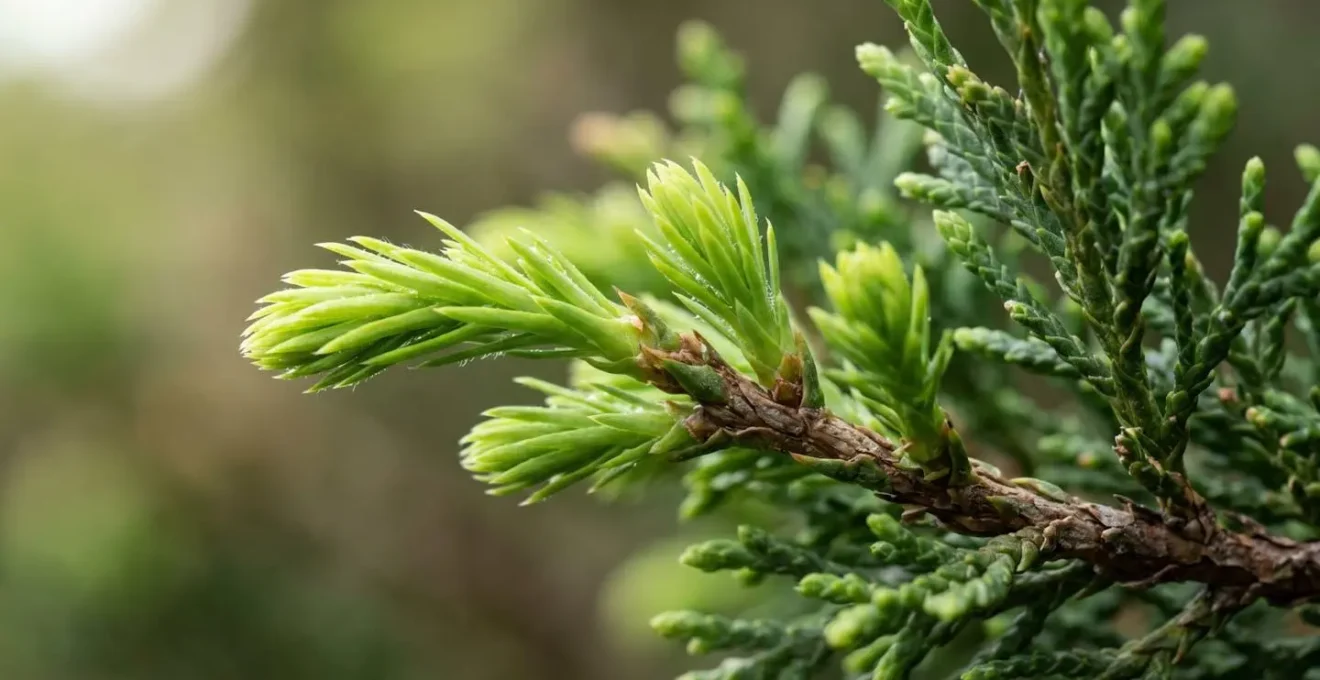 Detalle macro de brotes nuevos de ciprés con textura de agujas verdes densas mostrando crecimiento vigoroso