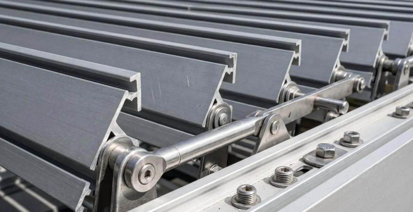 Primer plano de lamas de aluminio orientables de una pérgola bioclimática, mostrando el mecanismo y la textura del material
