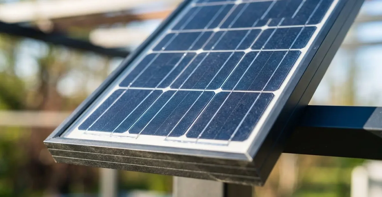 Primer plano de un panel fotovoltaico integrado en estructura de pérgola con textura de células solares y marco de aluminio visible