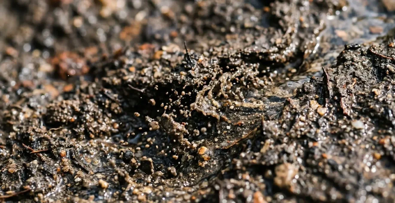 Detalle macro de partículas de suelo arrastradas por agua durante erosión hídrica en jardín