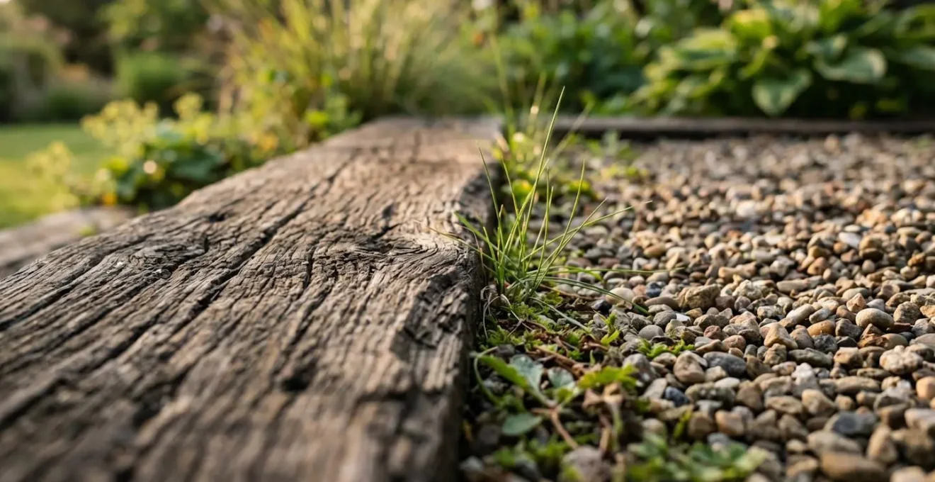 Detalle macro de un escalón de madera de 15 cm de altura integrado en jardín con grava y plantas laterales