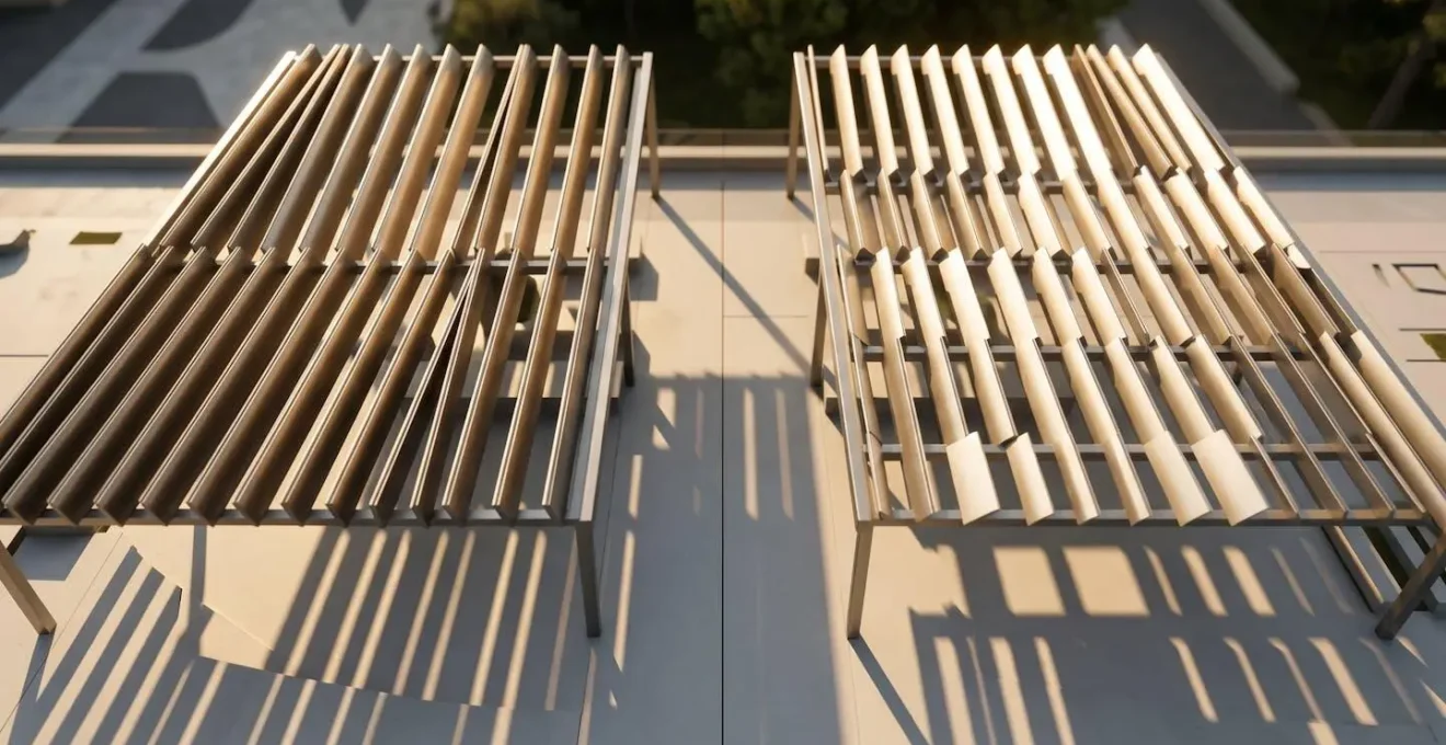 Diagrama visual de la orientación óptima de lamas de pérgola según la trayectoria solar estacional
