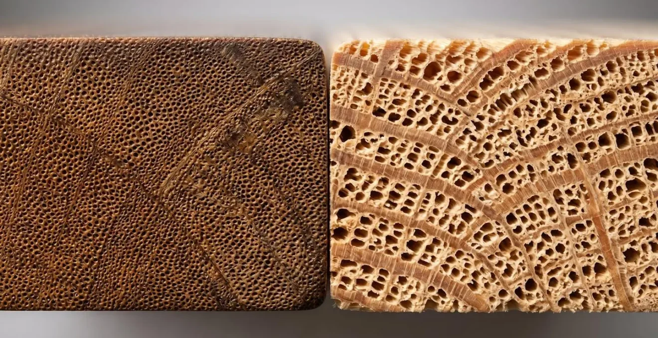 Comparación microscópica de la estructura celular de madera tropical y pino