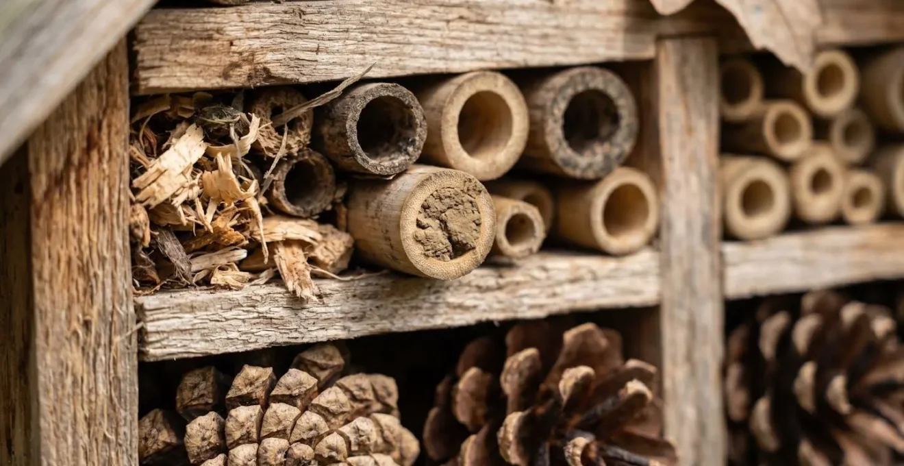 Hotel de insectos de madera natural con compartimentos variados, cañas de bambú y piñas para refugio de mariquitas
