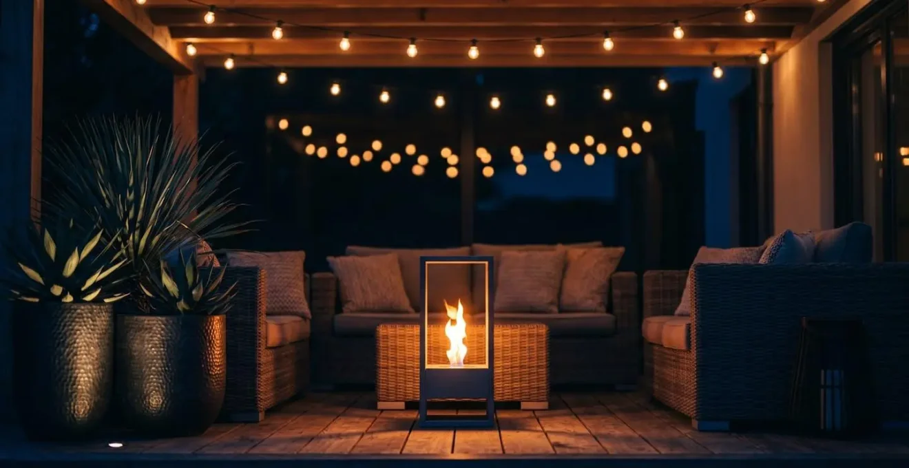 Iluminación por capas en terraza exterior con luz ambiental cálida, luces de acento y ambiente nocturno acogedor