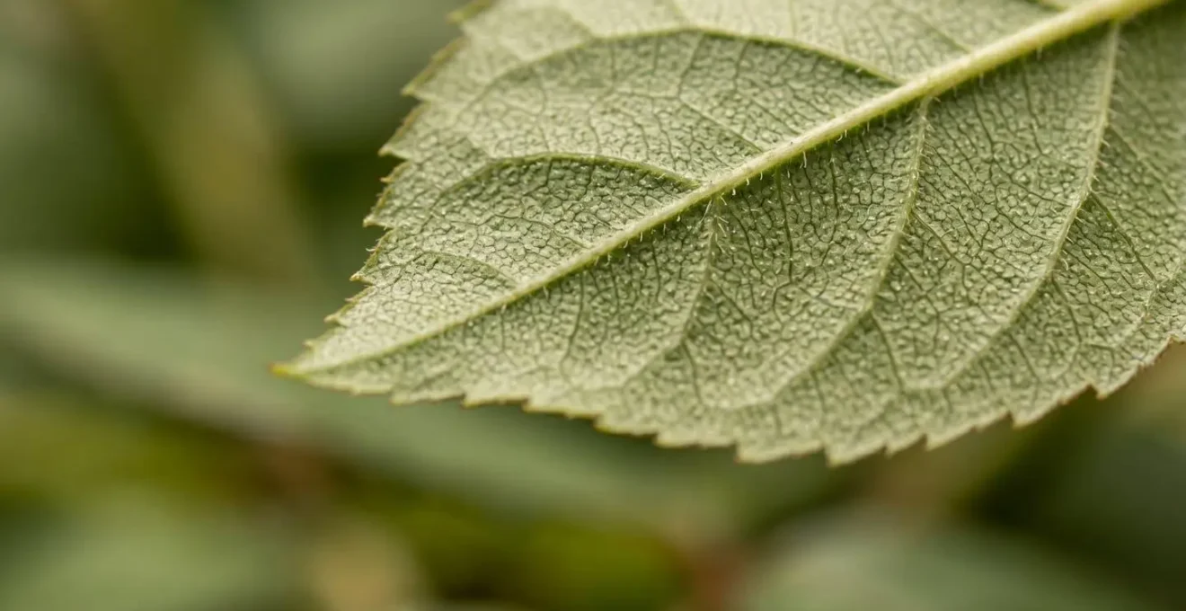 Vista macro del envés de una hoja de rosal, mostrando su textura y nervaduras sin plagas visibles.