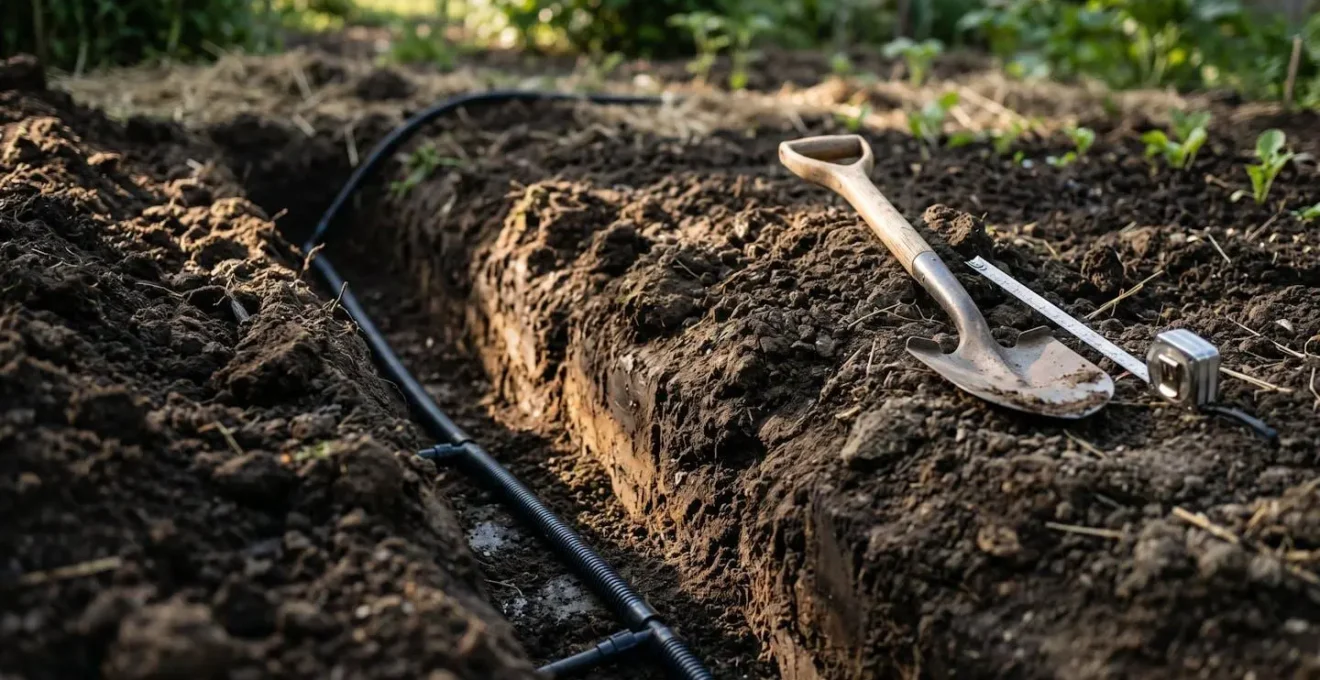 Zanjas abiertas para instalacion de sistema de riego subterraneo en preparacion de jardin