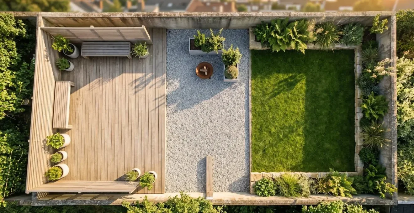 Vista aérea de jardín de 50 metros cuadrados con tres zonas bien definidas mediante paleta unificada de materiales naturales