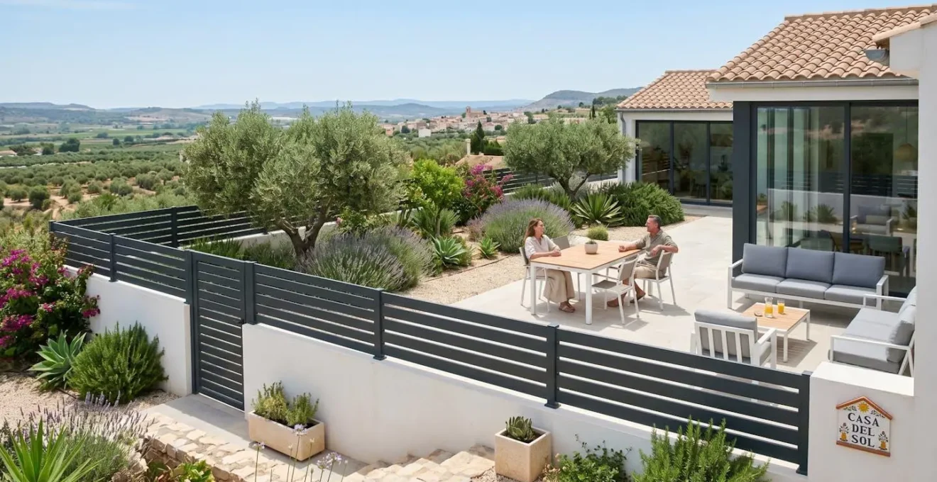 Vista amplia de un jardín residencial español con valla de aluminio instalada delimitando la terraza y mobiliario contemporáneo
