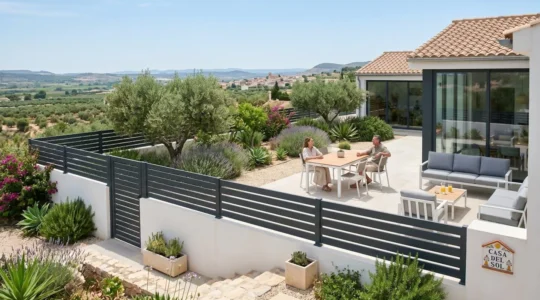 Vista amplia de un jardín residencial español con valla de aluminio instalada delimitando la terraza y mobiliario contemporáneo