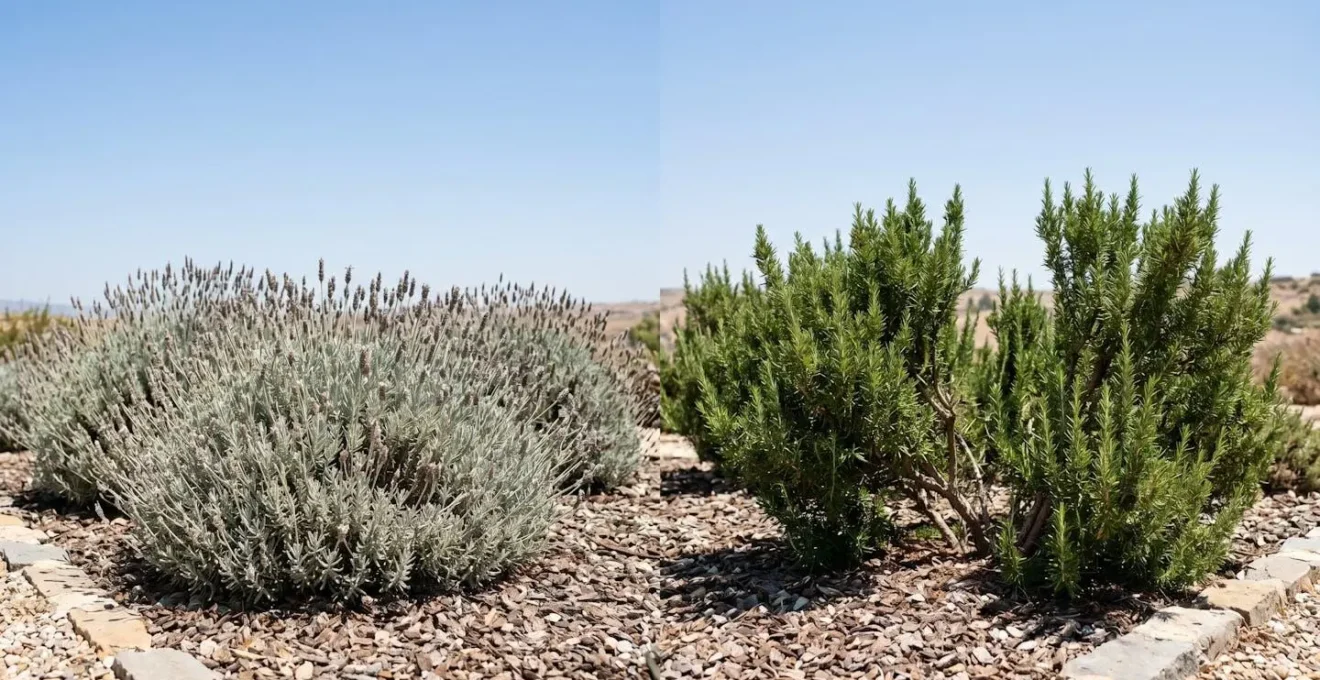 Vista amplia de jardín mediterráneo con lavanda y romero en pleno sol sin riego