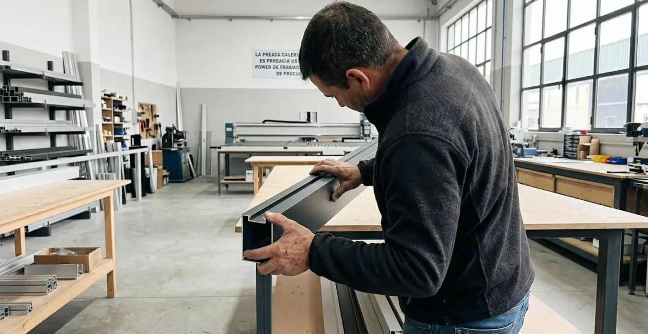 Manos de un profesional inspeccionando de cerca un perfil de aluminio extrusionado de pérgola, persona vista de espaldas en un ambiente de taller limpio y contemporáneo