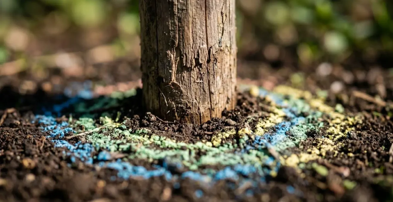 Mapa visual de sombras proyectadas en jardin con estacas marcando microclimas durante el dia