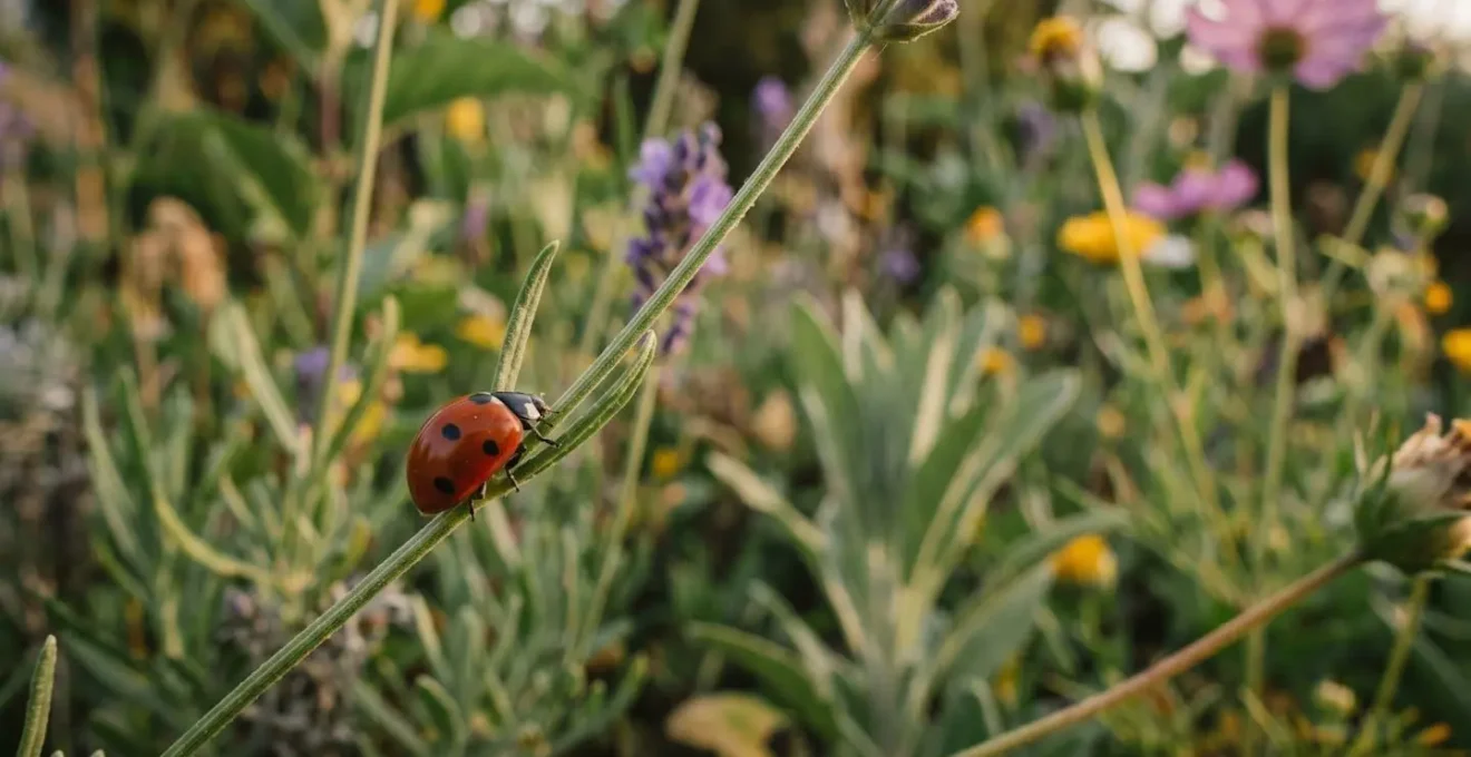 Una mariquita adulta sobre un tallo verde en un jardín biodiverso, simbolizando el control biológico natural.