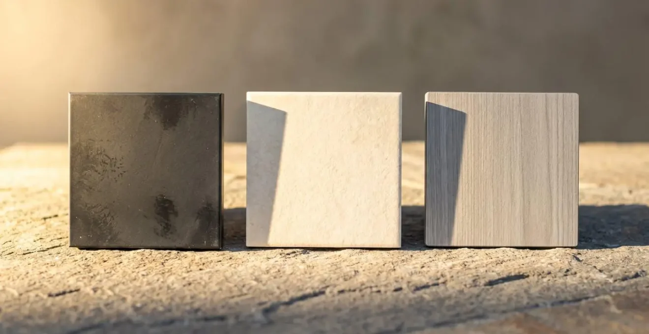 Composición simbólica mostrando efectos de orientación solar en materiales de mesas exteriores