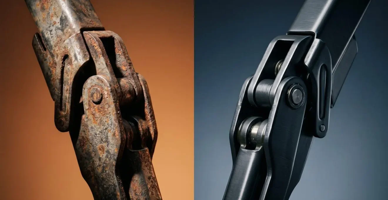 Comparativa visual de bisagra de tumbona: una oxidada con corrosión visible y otra protegida con lubricación adecuada
