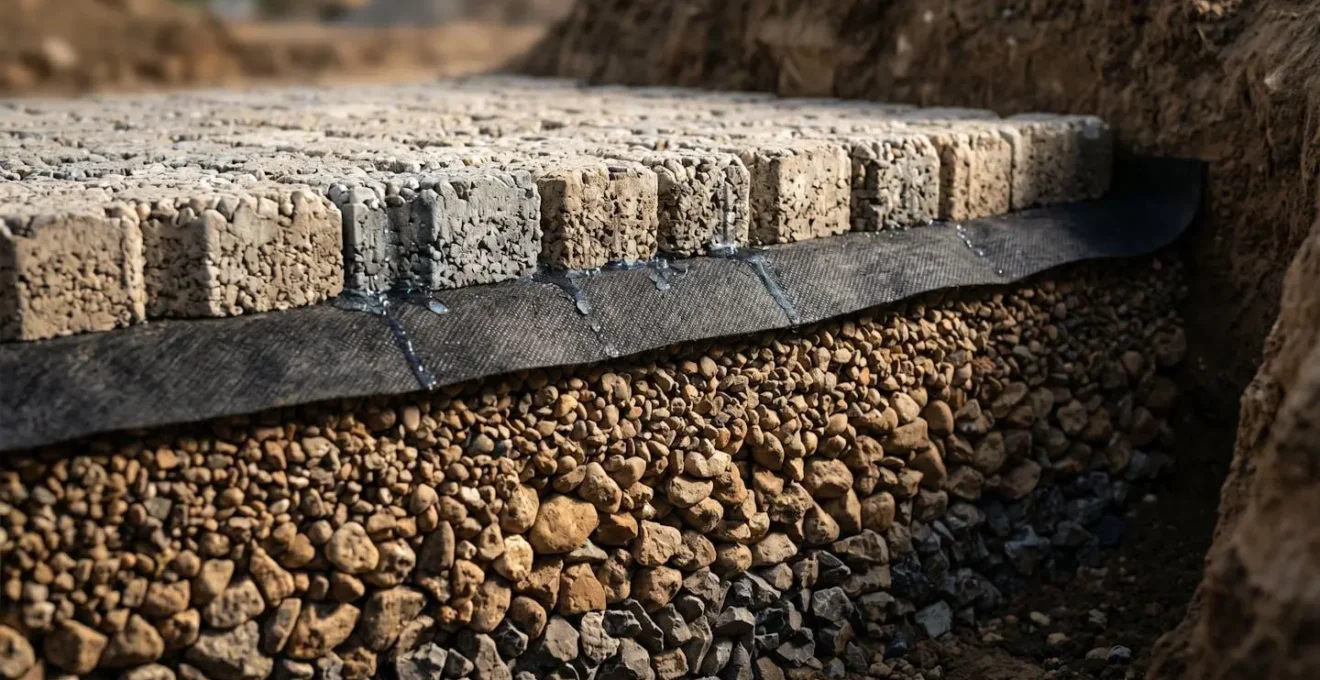 Detalle de pavimento drenante mostrando estructura de capas con geotextil y grava para evacuación de agua