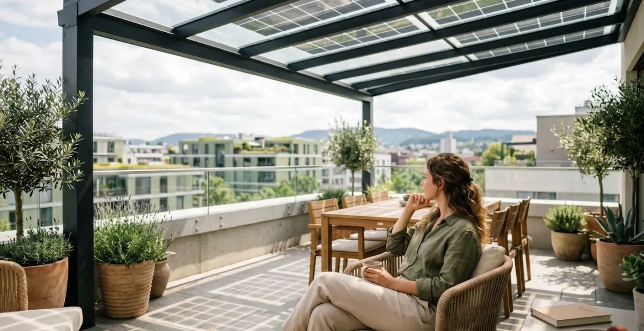 Persona vista de espaldas relajándose bajo la sombra de una pérgola solar en una terraza moderna con luz natural filtrada