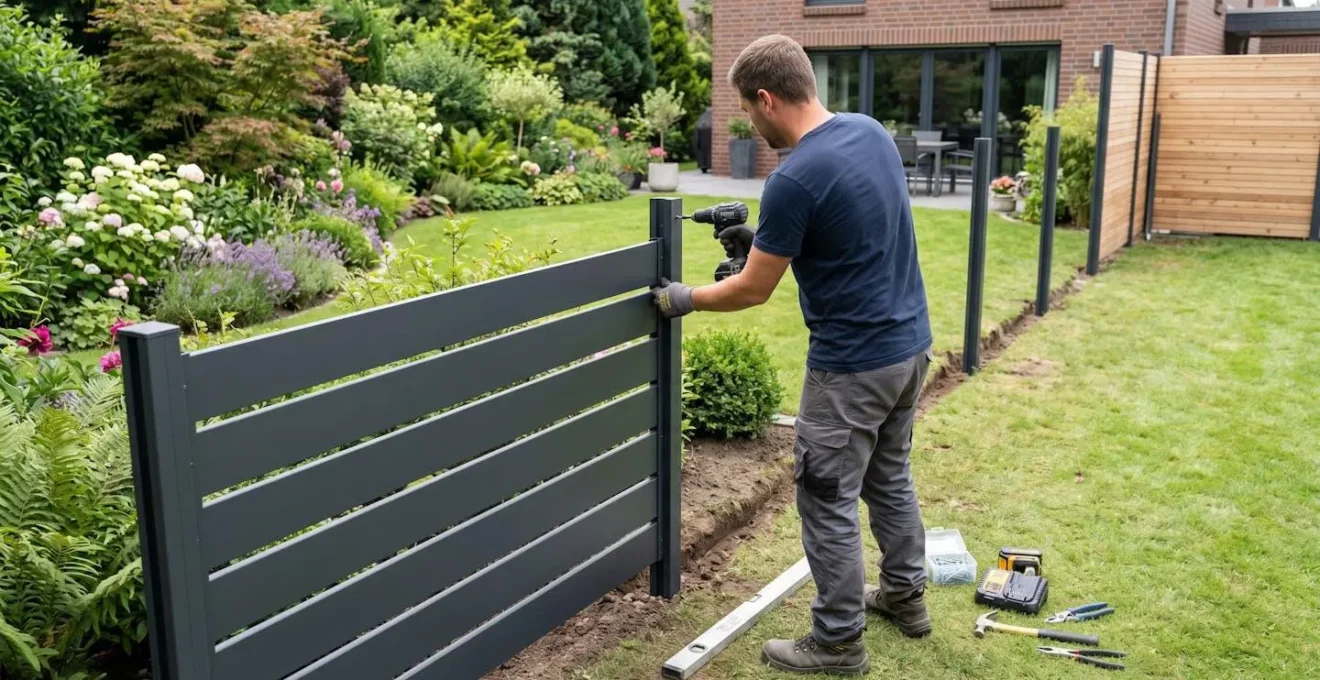 Vista por encima del hombro de una persona instalando un panel de valla de aluminio en un jardín con herramientas visibles sobre el césped