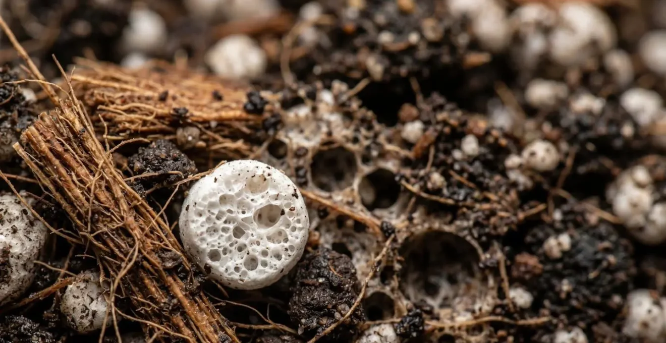 Detalle macro de estructura porosa del sustrato mostrando partículas de perlita y fibra de coco con espacios de aire