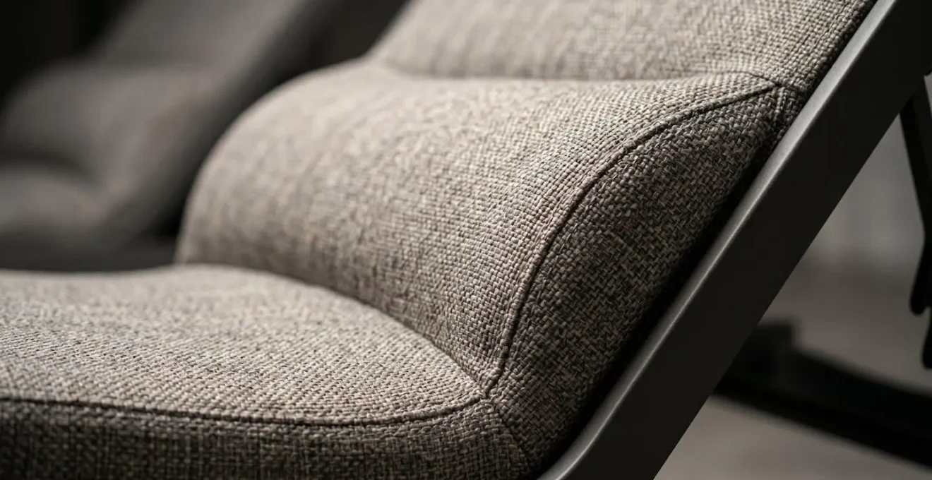Detalle macro de la curvatura ergonómica de una tumbona reclinable mostrando soporte lumbar y elevación de piernas