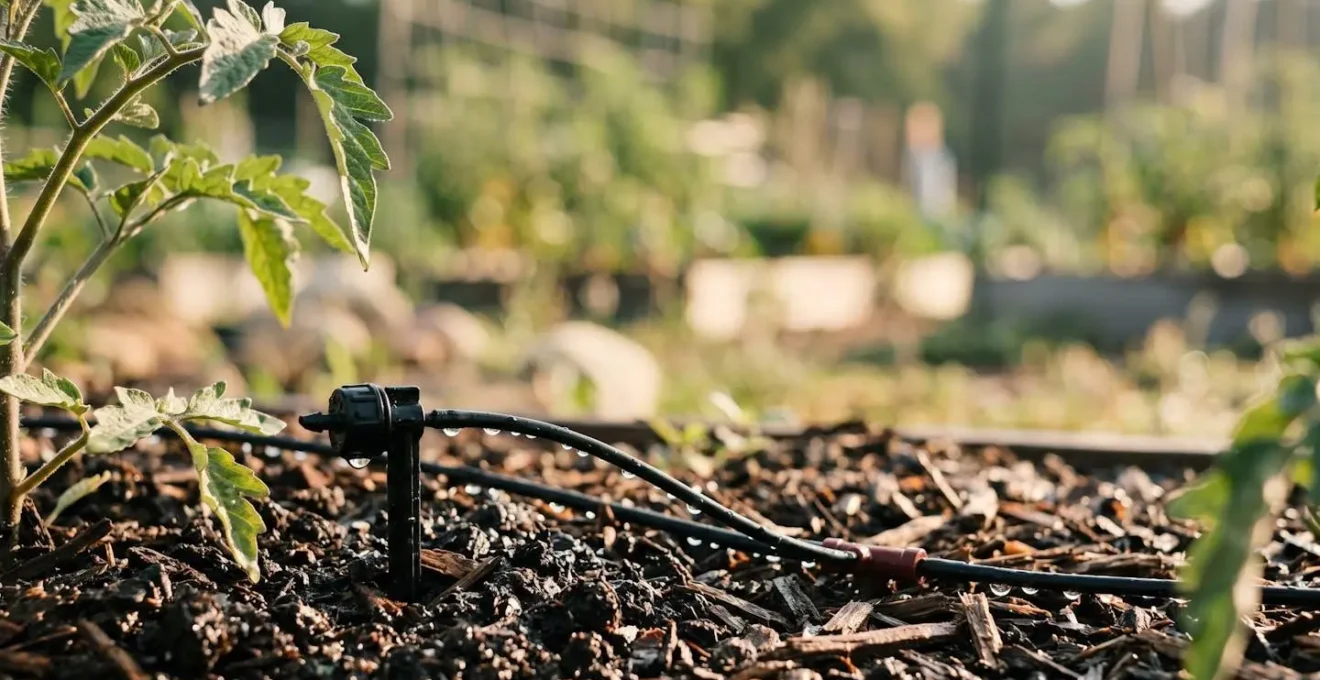 Sistema de riego por goteo en base de plantas en ambiente de jardín minimalista al amanecer