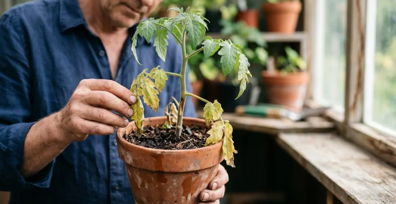 Planta de tomate en maceta mostrando marchitamiento unilateral y amarillamiento de hojas inferiores por verticilosis