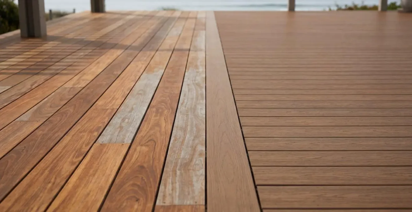 Comparación visual entre terraza de madera natural y composite en zona costera