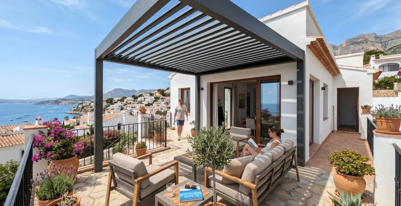 Vista amplia de una terraza contemporánea española con pérgola de aluminio de lamas orientables, luz natural abundante y ambiente mediterráneo limpio