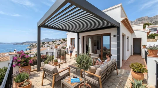 Vista amplia de una terraza contemporánea española con pérgola de aluminio de lamas orientables, luz natural abundante y ambiente mediterráneo limpio