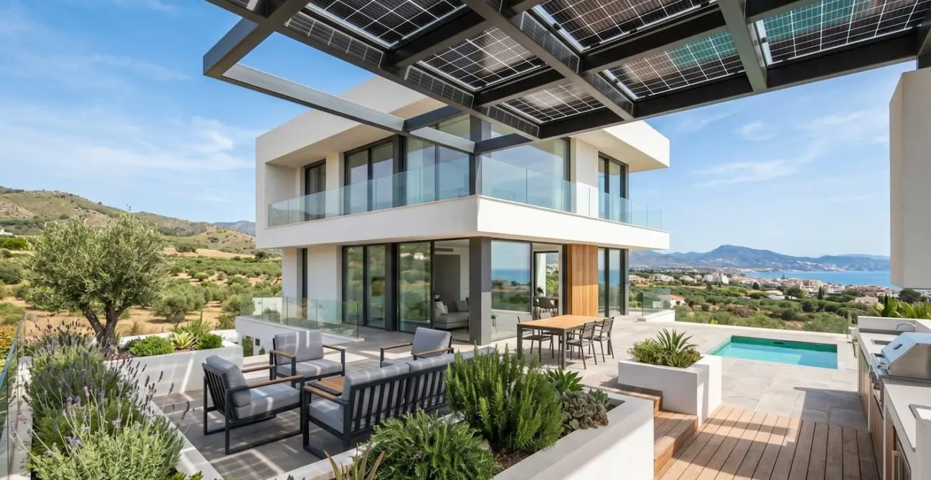 Vista amplia de una terraza residencial moderna con pérgola solar de estructura contemporánea y paneles fotovoltaicos integrados bajo luz natural abundante