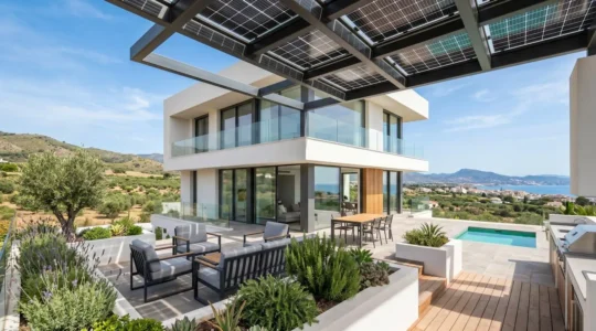 Vista amplia de una terraza residencial moderna con pérgola solar de estructura contemporánea y paneles fotovoltaicos integrados bajo luz natural abundante