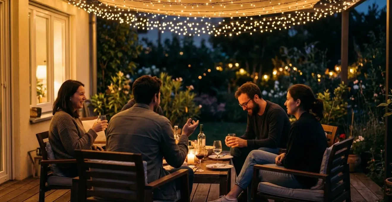 Vista ambiental de terraza iluminada con guirnaldas cálidas creando techo de luz, personas conversando en ambiente acogedor nocturno que invita a prolongar la velada