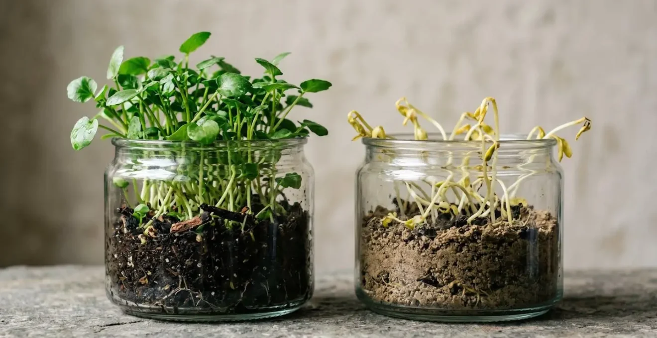 Comparación visual de germinación de berros en compost maduro versus inmaduro mostrando fitotoxicidad