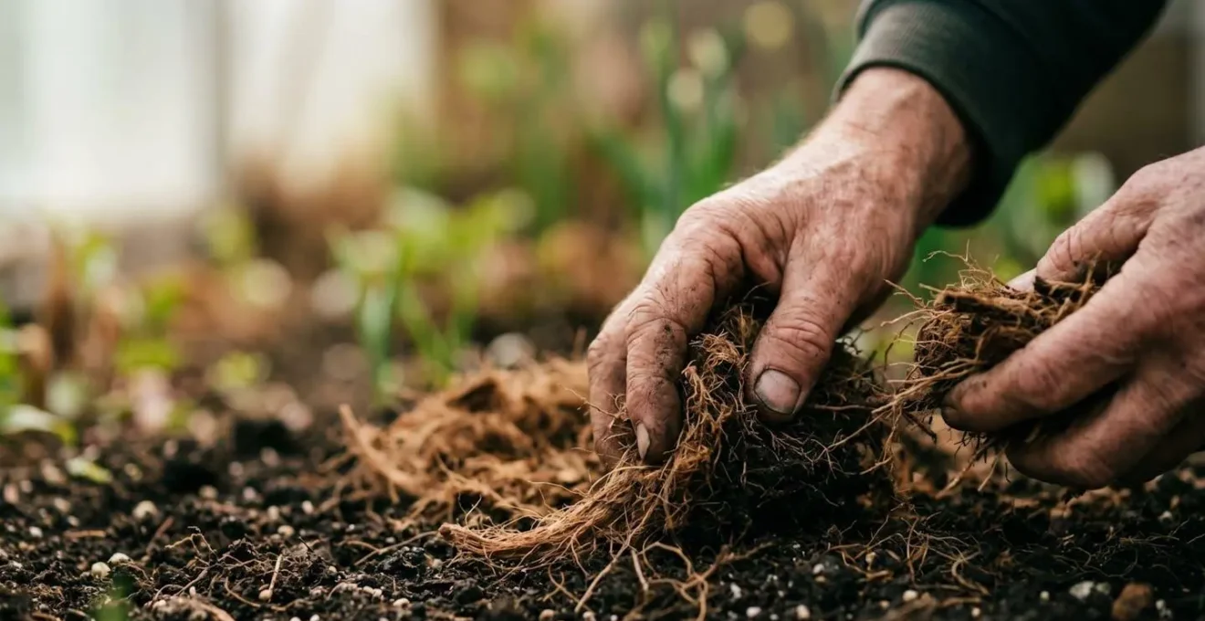 Manos de jardinero aplicando técnica de mulching en capa sobre suelo de jardín en transición ecológica