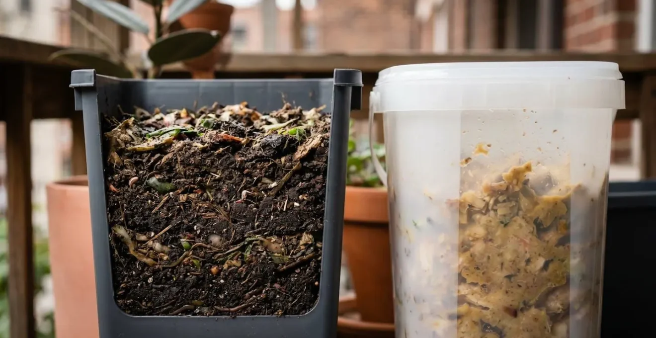 Sistema de compostaje compacto para balcón mostrando contenedores de vermicompostaje y bokashi sin olores
